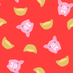 Obraz premium seamless pattern pink pig with chinese gold cube on red background for chinese new year celebrate backdrop.vector