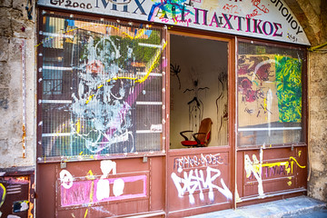 Uniqe Colorful Houses and Cretan Grafiti Art in one of Abandoned Stores in Chania, in August 20, 2018