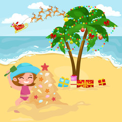 Cartoon happy girl playing in sand and building Christmas fir tree