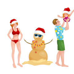 Fototapeta na wymiar Cartoon family having fun with snowman made of sand