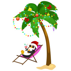 Cartoon penguin laying in hammock under palm tree decorated garland