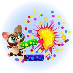 Cartoon sweet little kitty with bright firecrackers
