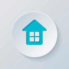 Simple house icon. Cut circle with gray and blue layers. Paper s