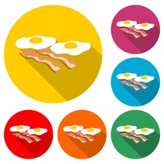 Breakfast, Fried eggs with bacon icon or logo, color set with long shadow