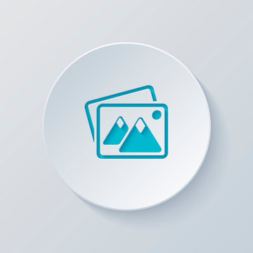 Stack of pictures with couple of mountains and sun. Simple icon.