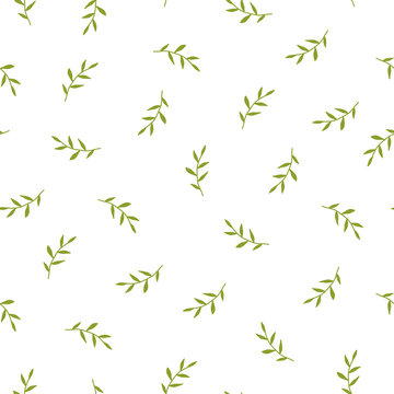 Seamless floral pattern with little bright green blades of grass. Floral texture on white background.