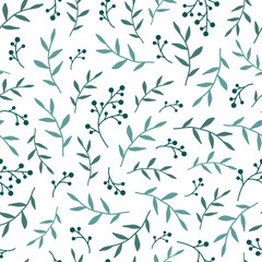 Floral Seamless pattern texture with blue berries sprigs and leaves. White background. Vector illustration