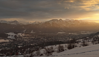 Wonderful landscape view of polish mountains at sunset