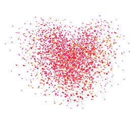 Abstract heart with confetti on isolated white. Holiday background from random geometric elements. Pattern for banners, posters and textiles. Greeting cards. Doodle for design and business