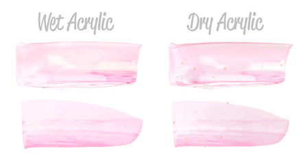 Vector pink paint smear stroke stain set. Abstract pink glittering textured art illustration. Acrylic Texture Paint Stain Illustration. Hand drawn brush strokes vector elements. Acrilyc strokes.