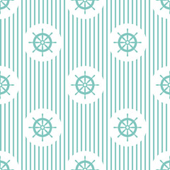 Nautical seamless striped pattern with blue helms on white. Ship and boat steering wheel ornament.