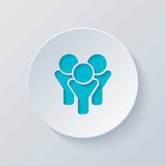 Team group icon. Cut circle with gray and blue layers. Paper sty
