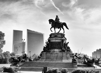 Philadelphia cityscape with the George Washington statue,  PA, USA