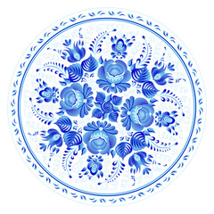 Blue round floral ornament in Russian gzhel style, vector plate print template