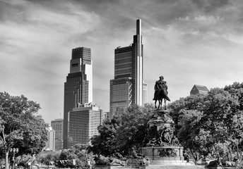 Philadelphia cityscape with the George Washington statue,  PA, USA
