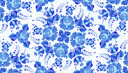 Blue painted flowers in Russian gzhel style vector floral vintage style seamless pattern tile