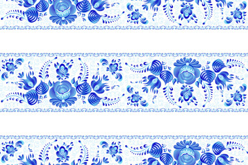 Cotton fabric Blue painted flowers in Russian gzhel style vector seamless lines pattern tile with white background
