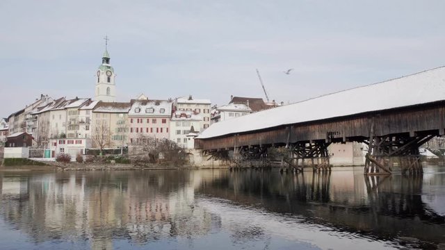 Swiss City Olten Winter wooden bridge railway station
