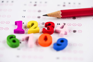 Math Number colorful and pencil on Answer sheet background : Education study mathematics learning...