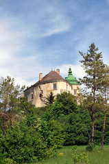 Old beautiful medieval castle on the hill among the trees