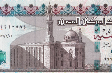 Sultan Hassan Mosque on Egyptian 100 pound, Egypt money currency. Famous landmark in Cairo. .