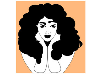 Curly hair girl holding head on her two hands and looking at you portrait illustration