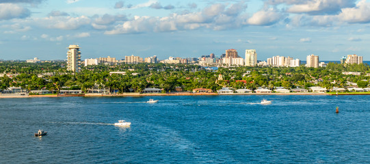 Panoramic view of waterfront and city at intercoastal waterway close to port Everglades in Fort...