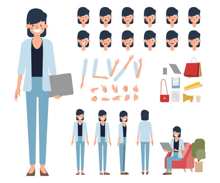 Businesswoman character creation design. Animation character office woman employee.  Face Emotions, Expressions. Cartoon Illustration