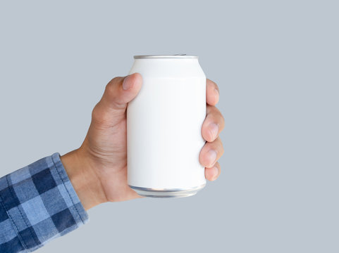 Hand Holding Aluminum White Can With Clipping Path