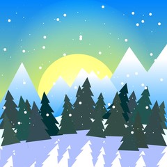 Square vector illustration of snowy forest valley with mountains
