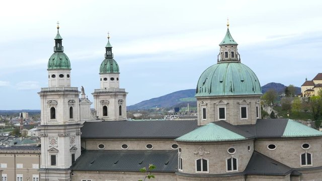 The towers of the baroque Salzburg Cathedral in Austria.
