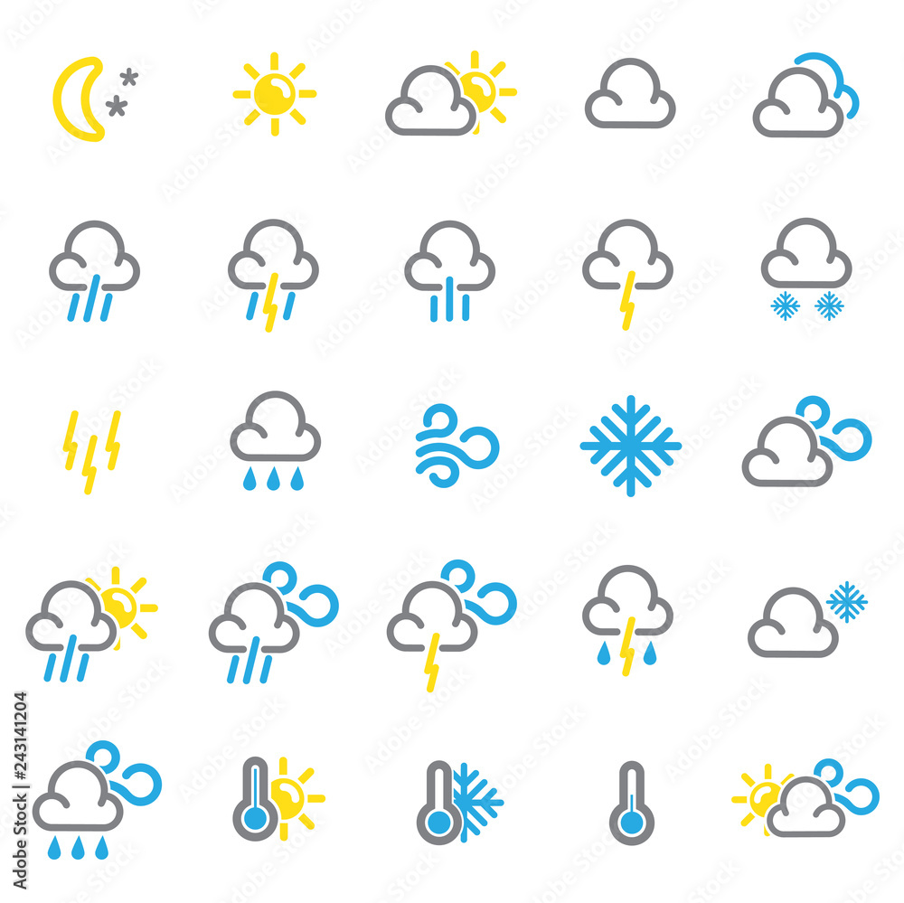 Poster weather forecast color icons set on white background for graphic and web design, modern simple vecto