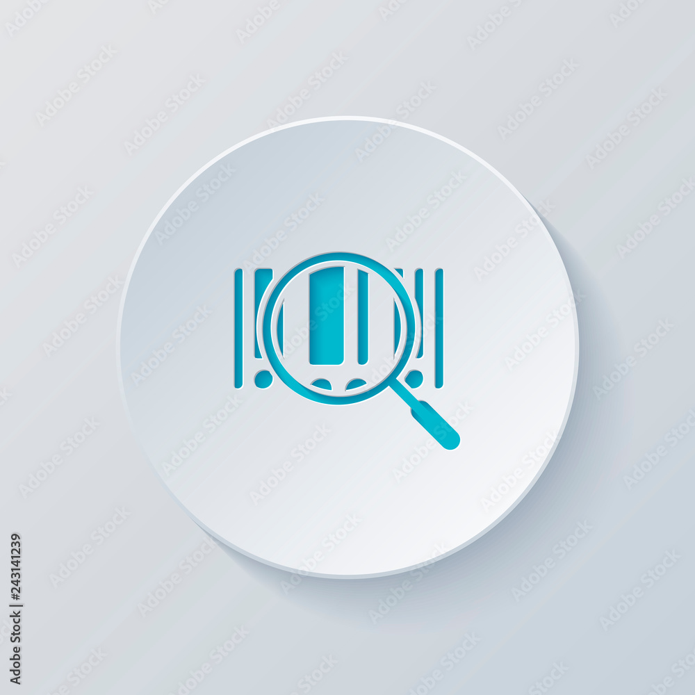 Poster bar code and magnifying glass. simple icon. cut circle with gray