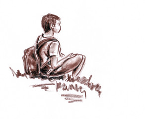 Young boy seating and looking forward - pas tel  pencil graphic artistic illustration on craft paper