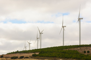 wind turbines in the field against blue cloudy sky, electric generators in countryside