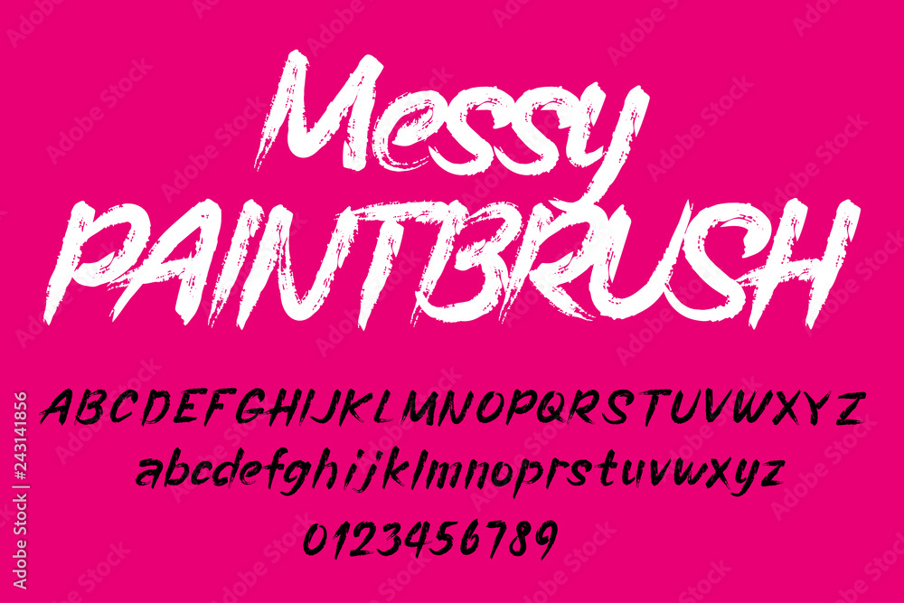Poster messy paintbrush alphabet font. uppercase and lowercase handwritten letters and numbers. stock vecto