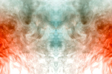 Abstract pattern of colored smoke backlit green and red in the shape of a mystical-looking bird or a ghost-head on a white isolated background. Soul and inner state of thoughts.