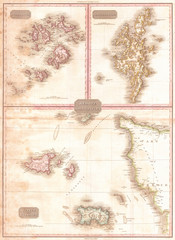 1818, Pinkerton Map of Jersey, Guernsey, Scilly and Shetland, British Isles, John Pinkerton, 1758 – 1826, Scottish antiquarian, cartographer, UK