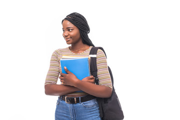 College student young African American woman isolated on white background
