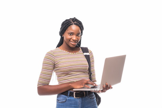 African Woman With Laptop On Isolated White Background