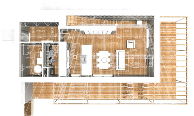 3d house standing and isolated on blueprint plan