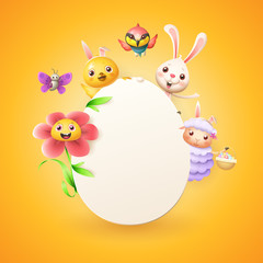 Easter card template - Easter bunny, chicken, flower, sheep bee-eater bird and butterfly celebrate Easter around egg - isolated on orange-yellow background - empty space
