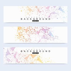Fototapeta premium Scientific set of modern vector banners. DNA molecule structure with connected lines and dots. Scientific and technology concept. Wave flow graphic background for your design. Vector illustration.