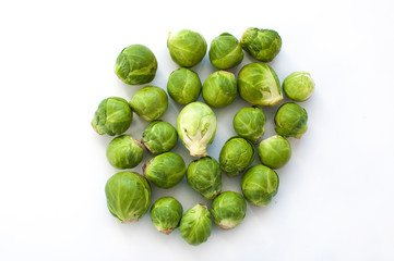 Brussels sprouts on white background top view