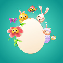 Easter card template - Easter bunny, chicken, flower, sheep bee-eater bird and butterfly celebrate Easter around egg - turqouise background