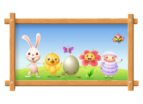 Spring photo with happy characters - bunny, chicken, flower, sheep bee-eater bird and butterfly celebrate Easter around egg - landscape background