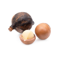 Macadamia nuts, isolated on white background. Shelled and unshelled macadamia.