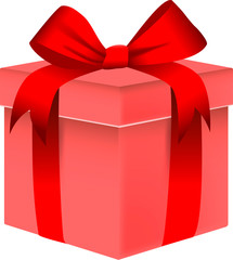 pink gift box with red ribbon bow