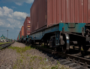 Fototapeta na wymiar Container loaded on train wagons on a railway