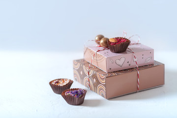 Gift box, heart-shaped candy. The Concept Of Valentine's Day